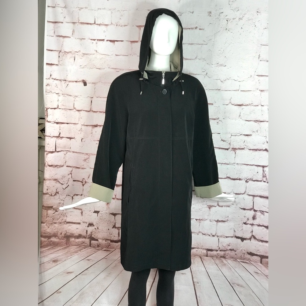 GALLERY Black & Taupe Trench Coat Raincoat detach Hood Size Medium 37” Length - Picture 14 of 16